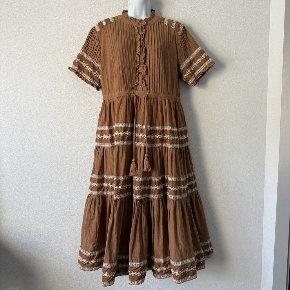 Ivy City Co. Cotton Santorini Dress L Brown Tiered Lace Trim Pintuck Midi Boho - Picture 2 of 10